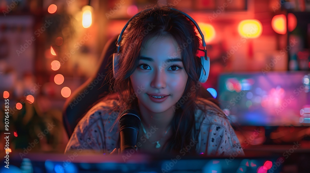 A female gamer enjoying a casual gaming session in a cozy corner setup. A female gamer enjoying a casual gaming session in a cozy corner setup.