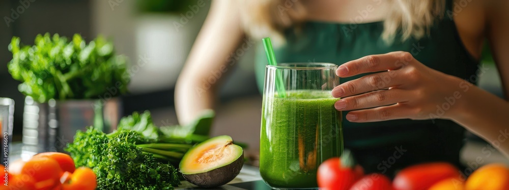 Fototapeta premium a woman prepares a vegetable smoothie in the kitchen. Selective focus