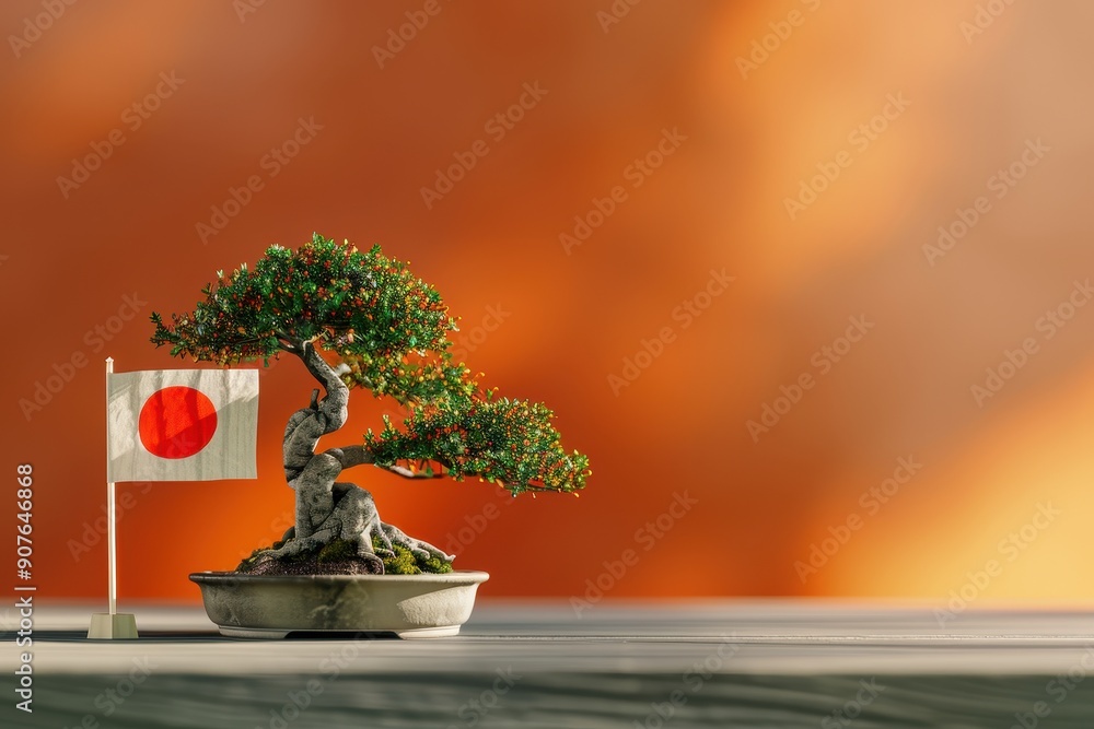 A small bonsai tree sits on a table next to a flag A small bonsai tree sits on a table next to a flag