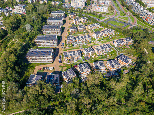 Aerial view of a new neighborhood, named Finest of Ockenburgh,  in the Kijkduin district of The Hague. An interesting detail is the large number of solar panels on the roofs.