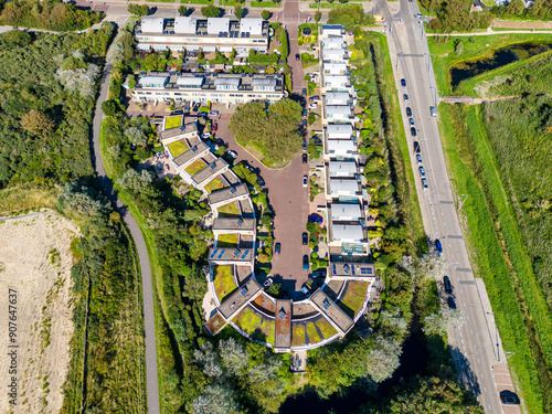 Aerial view of a small neighborhood with modern housing in the Kijkduin district of The Hague