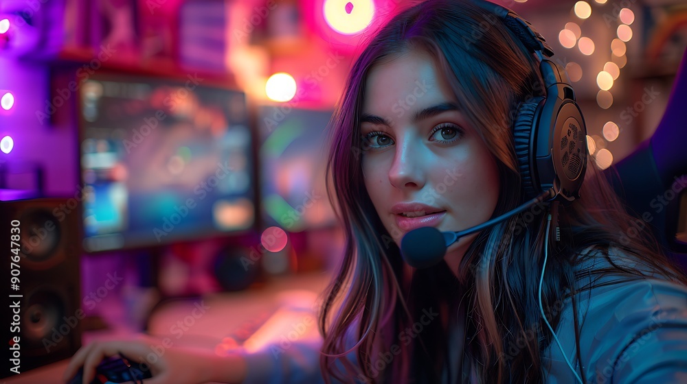 A female gamer in a vibrant RGB-lit gaming room, seated in a stylish gaming chair. A female gamer in a vibrant RGB-lit gaming room, seated in a stylish gaming chair.