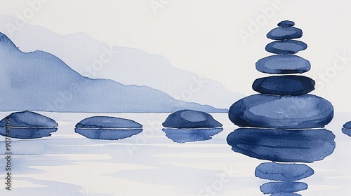 Zen stones are harmoniously balanced in a calm blue lake against a backdrop of distant mountains, portrayed in a serene watercolor painting, emphasizing tranquility and balance in nature. photo