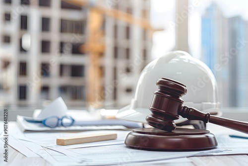 A court gavel and construction helmet sit on top of a table with blurred building structure in the background. Real estate law concept with a building construction project
