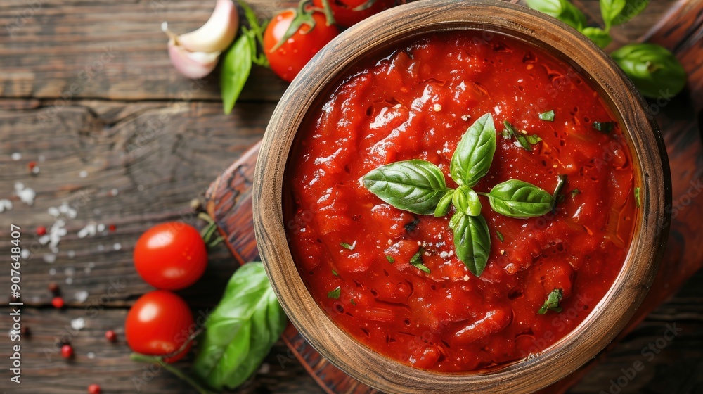 Close-Up of Tomato Sauce with Garlic and Basil in a Wooden Bowl Close-Up of Tomato Sauce with Garlic and Basil in a Wooden Bowl