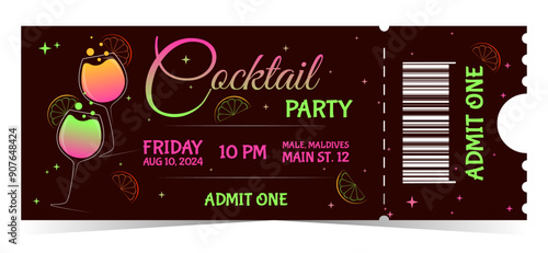 Cocktail party colorful ticket template with cocktails for admit one