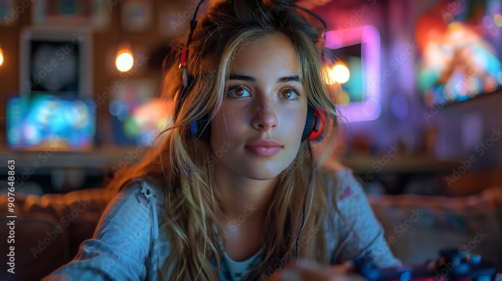 A female gamer intensely focused on her game, livestreaming with a high-quality microphone, a game controller in hand, and sitting in a modern gaming chair. A female gamer intensely focused on her game, livestreaming with a high-quality microphone, a game controller in hand, and sitting in a modern gaming chair.