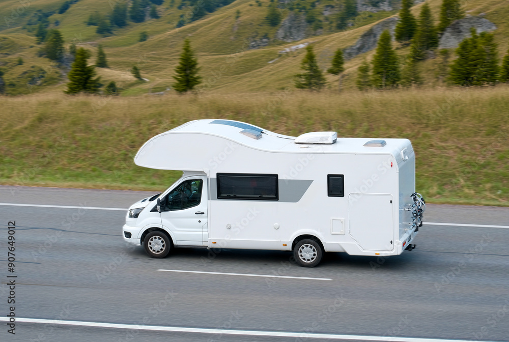 Fototapeta premium Family Road Trip Vacation On Modern RV Van Camper