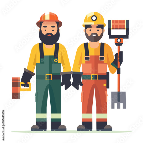 Two male construction workers holding tools, wearing overalls, gloves, hats. One green overalls hard hat, orange overalls safety helmet. Isolated white background, flat graphic style, beards, adult