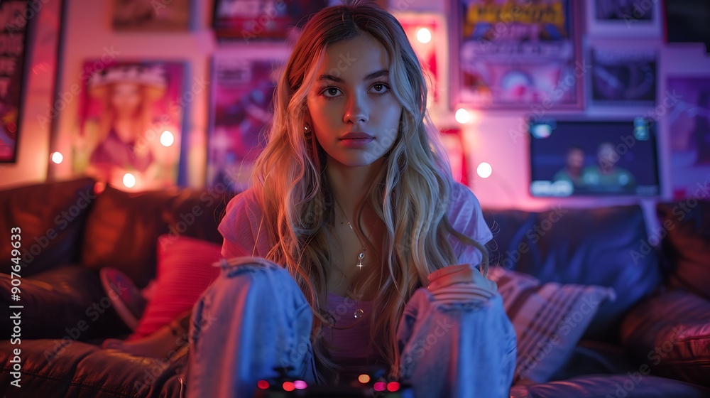 Fototapeta premium A female gamer livestreaming, with a high-quality microphone, a game controller in hand, and sitting in a stylish gaming chair.