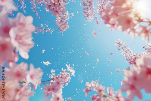 A beautiful blue sky with pink flowers in the foreground