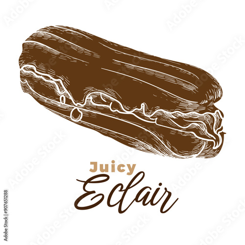 Hand drawn yummy creamy eclair with glaze and filling. Easy to edit and use vector food assets. Each vector is one united shape.