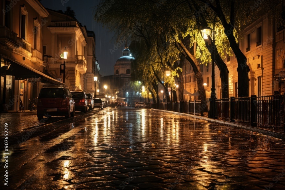 Fototapeta premium A rain storm night architecture illuminated cobblestone.