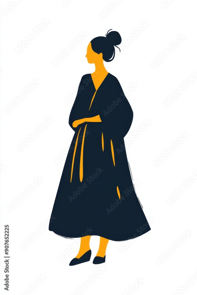 Minimalism illustration, a Swedish woman, wearing a classic folk dress in navy blue with yellow accents, traditional fashion, flat illustration on soft white background Minimalism illustration, a Swedish woman, wearing a classic folk dress in navy blue with yellow accents, traditional fashion, flat illustration on soft white background