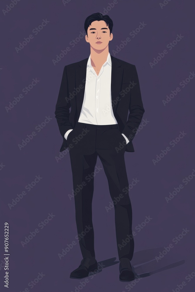 Minimalism illustration, a South Korean man, wearing a trendy black blazer with a white shirt and slim black trousers, high fashion, flat illustration on dark purple background Minimalism illustration, a South Korean man, wearing a trendy black blazer with a white shirt and slim black trousers, high fashion, flat illustration on dark purple background