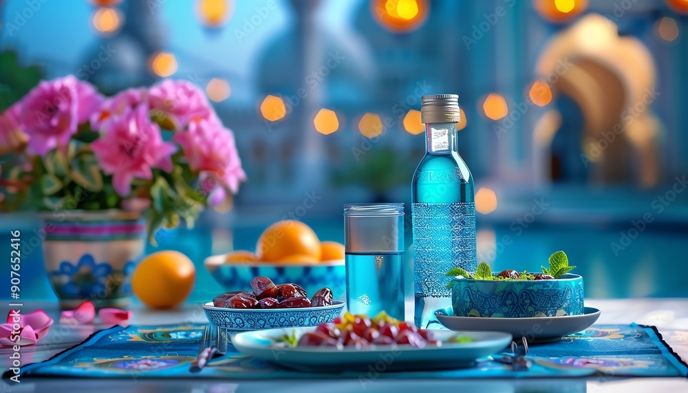 A peaceful, illuminated scene of a family breaking their fast with dates and water at a beautifully set table, symbolizing the unity and joy of iftar during Ramadan A peaceful, illuminated scene of a family breaking their fast with dates and water at a beautifully set table, symbolizing the unity and joy of iftar during Ramadan