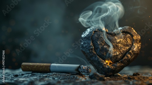 Heart-Shaped Stone with Burning Cigarette and Smoke - Symbolizing Heartbreak and Unhealthy Habits photo