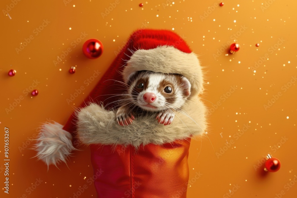 A small ferret is inside a red Santa hat A small ferret is inside a red Santa hat