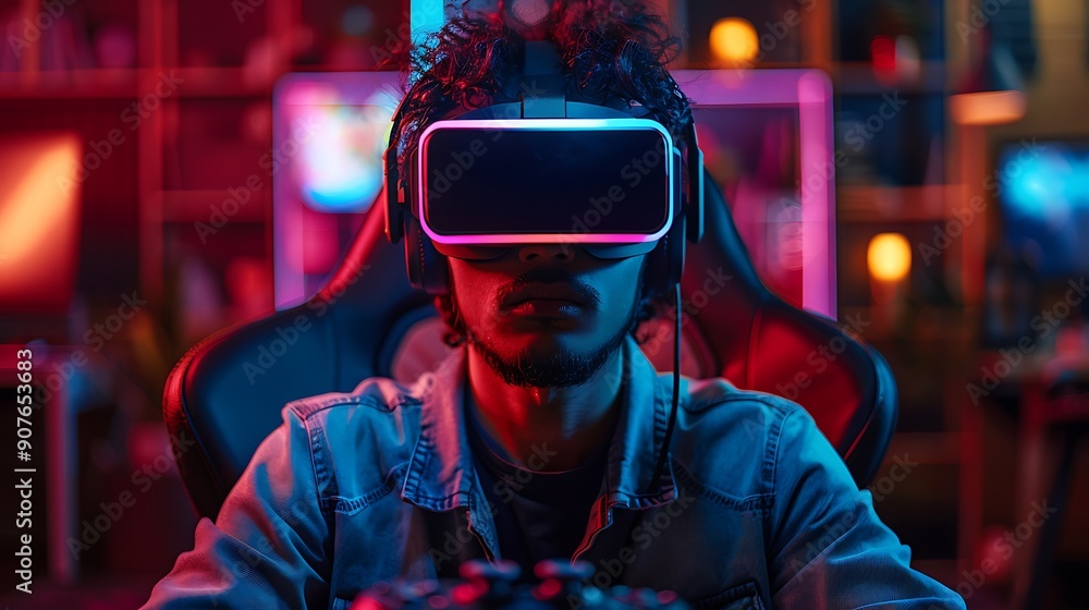 A gamer lost in the world of virtual reality, wearing a VR headset and using controllers. A gamer lost in the world of virtual reality, wearing a VR headset and using controllers.