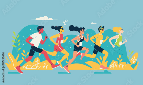 Group five athletes running marathon race outdoors. Diverse runners participating activity sunny day. Energetic jogging competition nature background. Diverse ethnicity men women sportswear