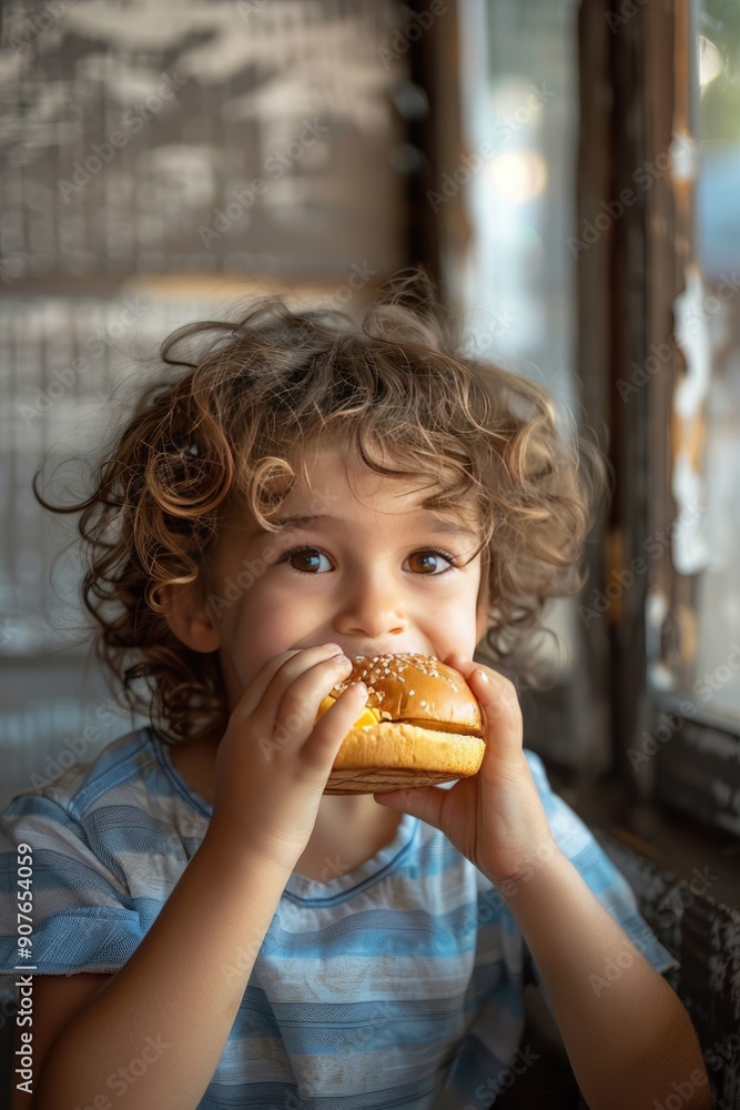 the child is eating a burger. Selective focus the child is eating a burger. Selective focus