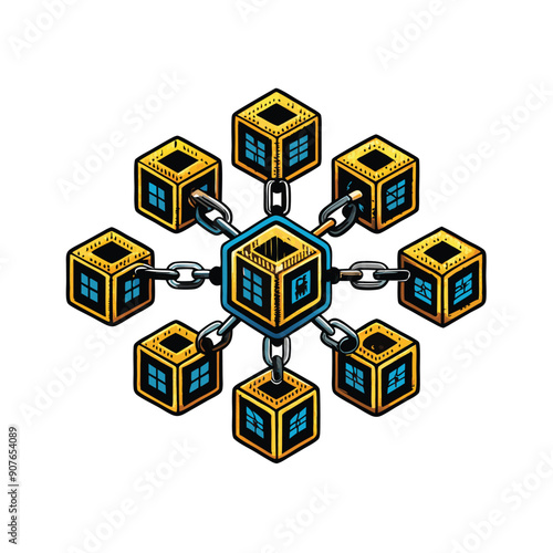 A stylized illustration of an interconnected network of gold blocks, each with a blue window, linked by chains.