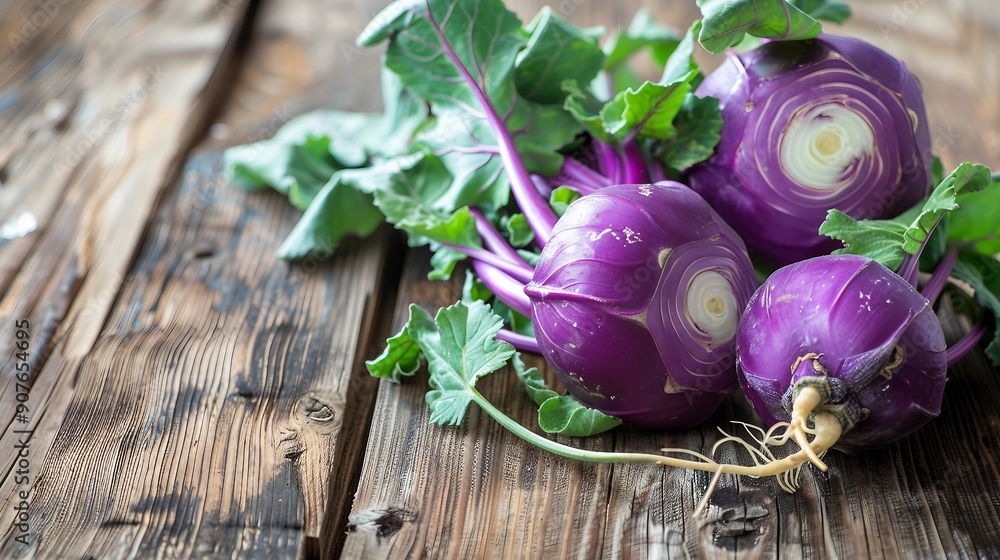 Fresh Purple Kohlrabi with Leaves on a Rustic Wooden Table - Organic Vegetable Harvest Concept Fresh Purple Kohlrabi with Leaves on a Rustic Wooden Table - Organic Vegetable Harvest Concept