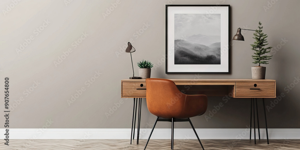 Perfection: A modern desk and chair, set against a blank wall, with a single framed photograph and a potted succulent Perfection: A modern desk and chair, set against a blank wall, with a single framed photograph and a potted succulent