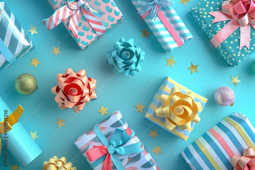 A colorful array of presents with ribbons and bows, including a yellow A colorful array of presents with ribbons and bows, including a yellow