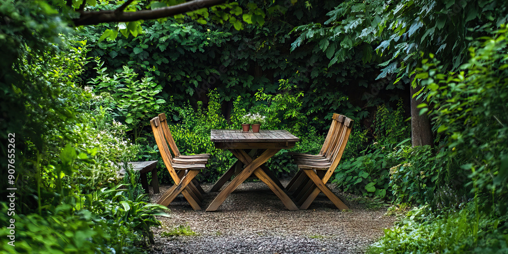 Natural Harmony: A peaceful outdoor setting with a wooden picnic table and mismatched chairs, surrounded by lush greenery. Natural Harmony: A peaceful outdoor setting with a wooden picnic table and mismatched chairs, surrounded by lush greenery.