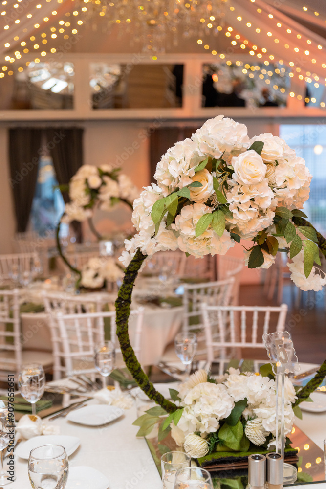 Elegant Wedding Table Setting with Floral Hoops and White Flowers