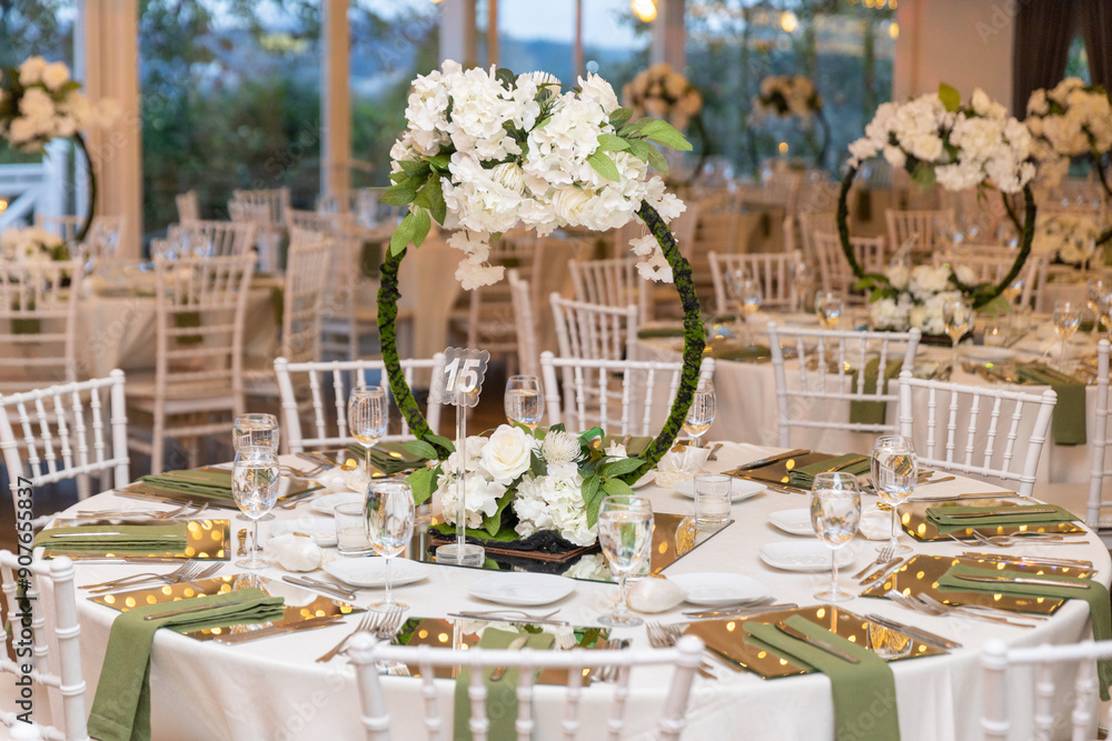 Elegant Wedding Table Setting with Floral Hoops and White Flowers