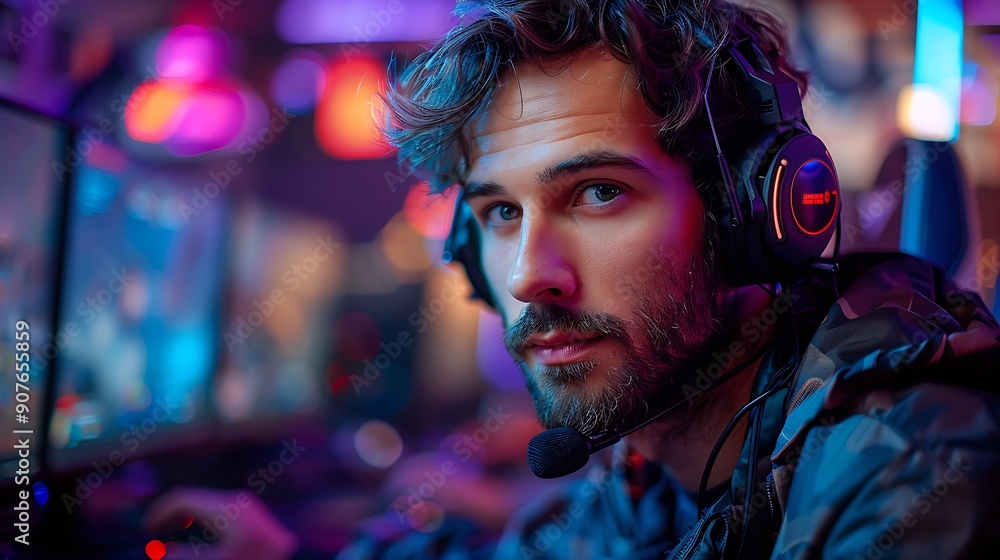 A male e-sports gamer in a high-performance gaming chair, holding a game controller and speaking into a microphone for live commentary. A male e-sports gamer in a high-performance gaming chair, holding a game controller and speaking into a microphone for live commentary.