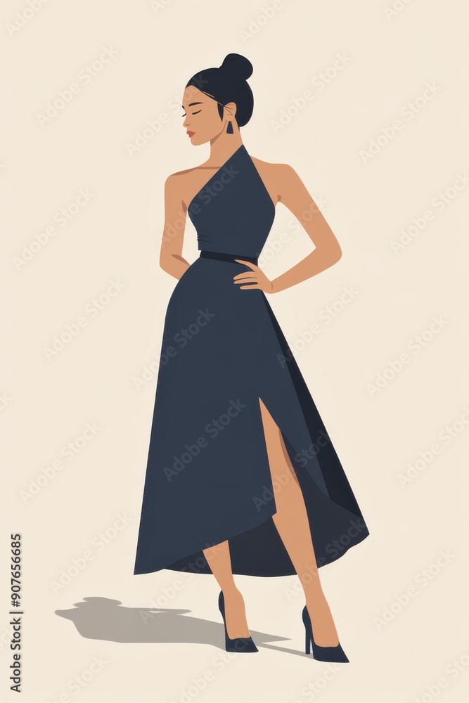 Fototapeta premium Minimalism illustration, an Asian woman, wearing a modern asymmetrical dress in steel blue with a fitted waist, standing with one hand on her hip, high fashion, flat illustration on light taupe 