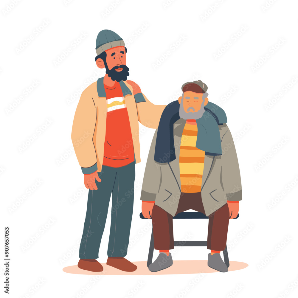 Two men standing, one younger wearing beanie jacket, comforting older sitting chair, both beards, outdoors. Young showing empathy, older appears sad, jackets sweaters, casual clothes, white Two men standing, one younger wearing beanie jacket, comforting older sitting chair, both beards, outdoors. Young showing empathy, older appears sad, jackets sweaters, casual clothes, white