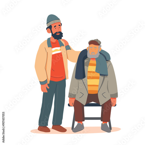 Two men standing, one younger wearing beanie jacket, comforting older sitting chair, both beards, outdoors. Young showing empathy, older appears sad, jackets sweaters, casual clothes, white