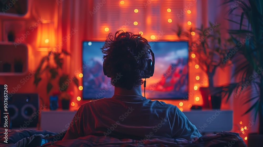 A male gamer in a serene gaming setup, seated in a comfortable chair. A male gamer in a serene gaming setup, seated in a comfortable chair.