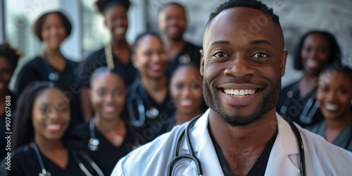 A smiling doctor in a white coat, stethoscope around his neck, stands with a group of nurses and other medical professionals in the background, symbolizing teamwork and dedication to patient care.