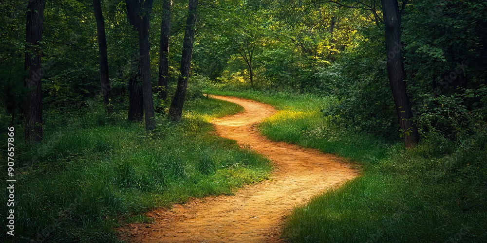 Naklejka premium A New Path Unfolding: A winding dirt path stretches into the distance, leading to an inviting clearing in the woods