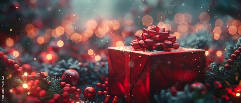 A beautifully wrapped red gift box surrounded by festive decorations and lights, perfect for holiday celebration themes. A beautifully wrapped red gift box surrounded by festive decorations and lights, perfect for holiday celebration themes.