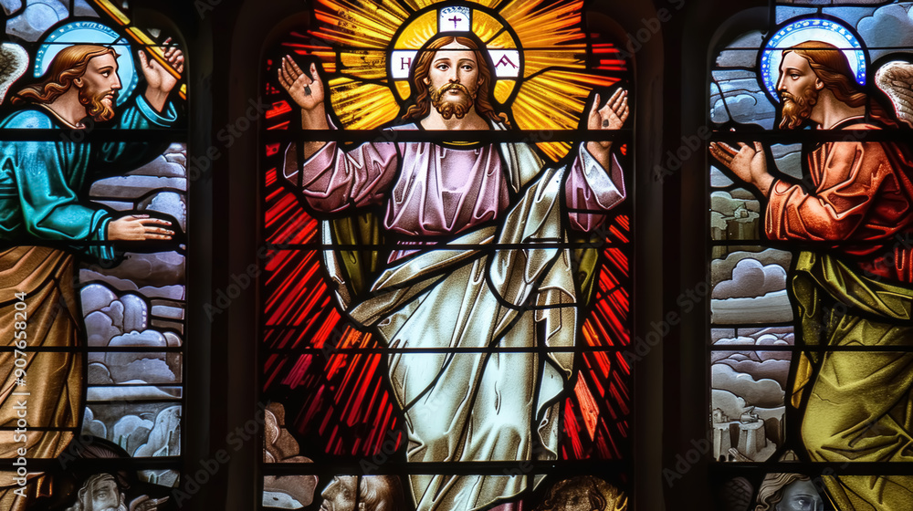 Stained glass window depicting Jesus Christ with vibrant colors Stained glass window depicting Jesus Christ with vibrant colors