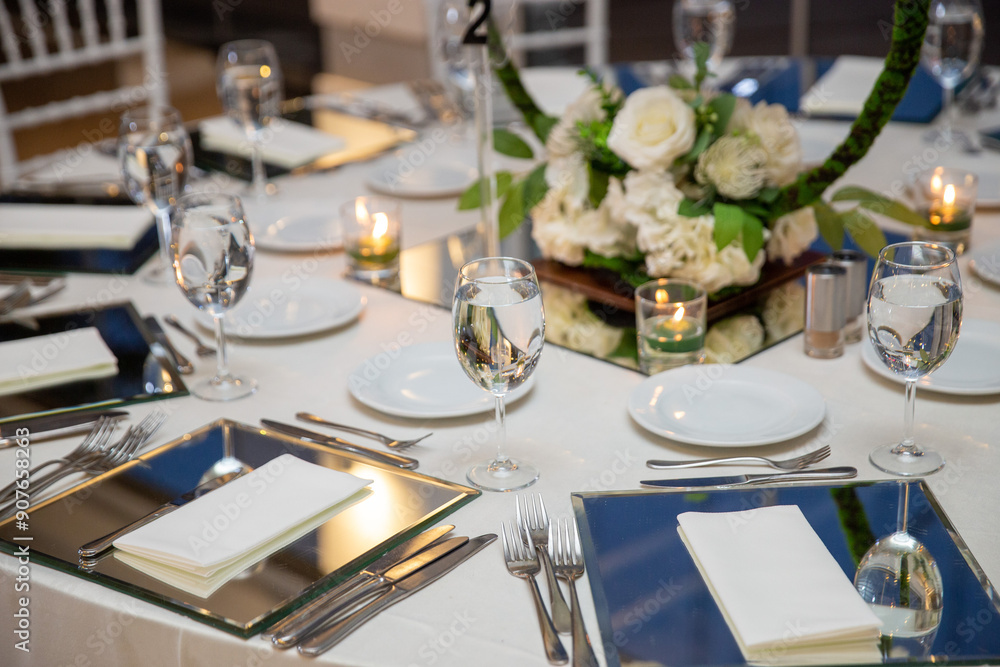 Elegant Wedding Table Setting with Floral Hoops and White Flowers