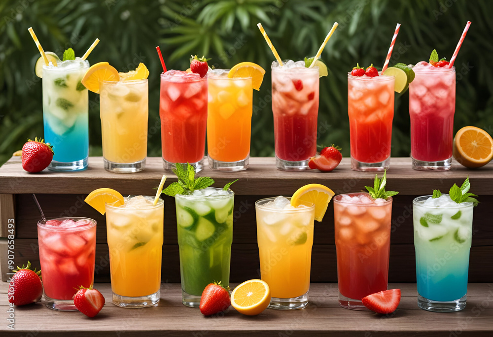A table filled with an array of colorful drinks, each one inviting and refreshing, perfect for a lively gathering.
A table filled with an array of colorful drinks, each one inviting and refreshing, perfect for a lively gathering.