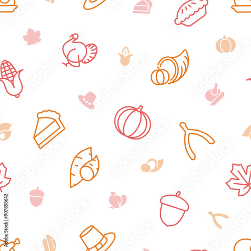 Red and orange thanksgiving line icons seamless pattern on transparent background