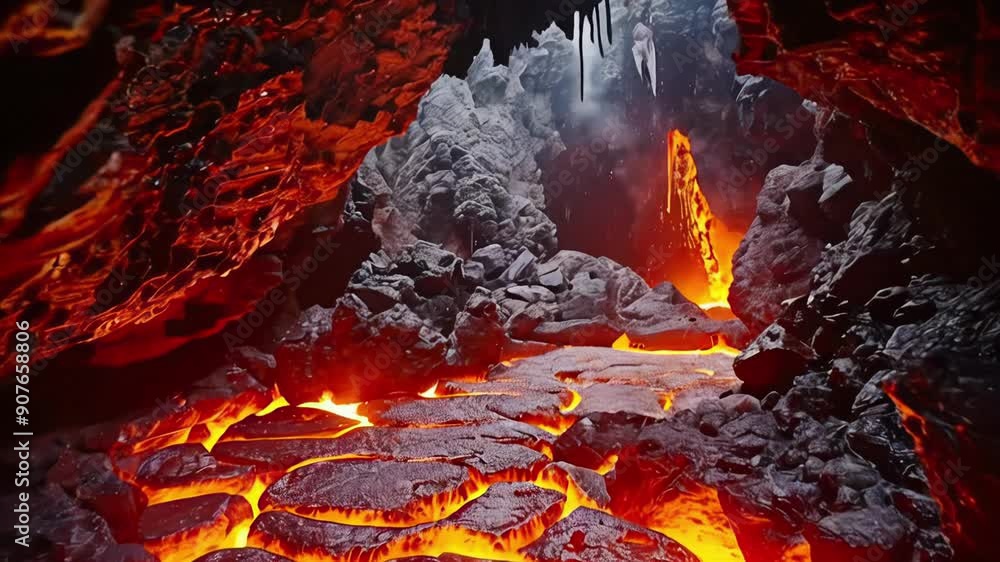 A glowing river of lava flows through a dark cave, creating a mesmerizing scene of nature's power. A glowing river of lava flows through a dark cave, creating a mesmerizing scene of nature's power.