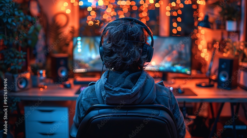 A sleek gaming studio with a male gamer, showcasing a professional microphone, top-tier gaming chair, and a clean, organized desk. A sleek gaming studio with a male gamer, showcasing a professional microphone, top-tier gaming chair, and a clean, organized desk.