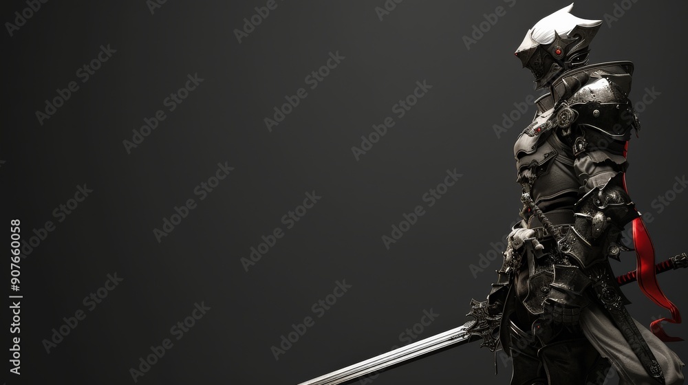 Fototapeta premium A striking superhero cosplay character stands confidently with a sword drawn