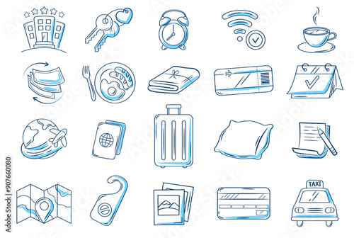 Hotel or hostel doodle blue color icon set. Tourism, travel hand drawn illustrations on white background.