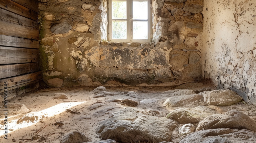 Rural room with weathered stonework background and grungy rock surface Rural room with weathered stonework background and grungy rock surface
