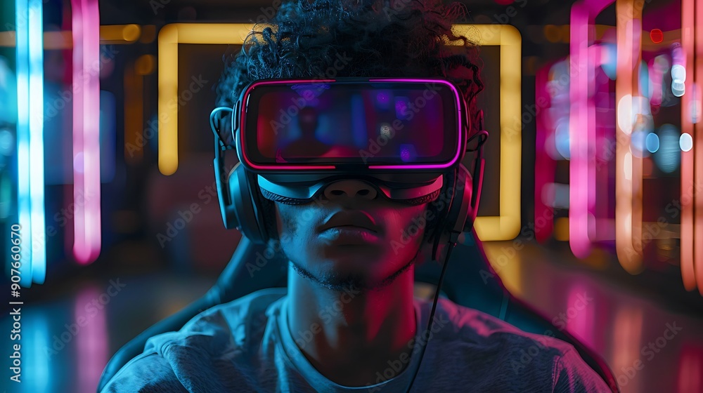 A virtual reality gaming scene with a gamer wearing a VR headset and controllers. A virtual reality gaming scene with a gamer wearing a VR headset and controllers.